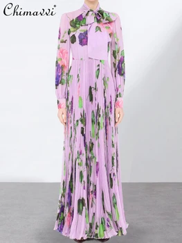 Prancūzų Mados Atspausdintas Violetinės Suknelės 2022 M. Rudens Pradžioje High-End Elegantiškas Ilgomis Rankovėmis Slim-Fit Šviesos Prabanga Plisuotos Maxi Suknelė
