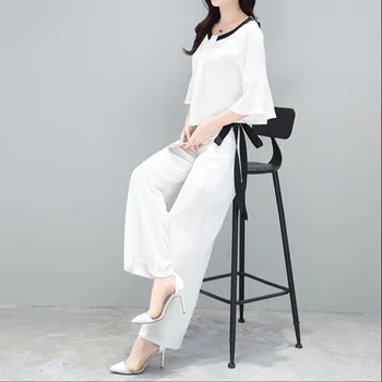 Korėjos versija, naujos moterų vasaros šifono palaidinė ponios mados Vakarų stiliaus dviejų dalių pločio kojų kelnės kostiumas AL7741