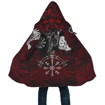 Mados Vyrų Žiemą Šiltas Apsiaustas Vikingų Stiliaus Odin ir Varna Tatuiruotė 3D Atspausdintas Vilnos Gobtuvu Apsiaustu Unisex Atsitiktinis Gobtuvu CloakH037