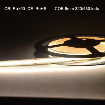 Ra90 5M COB LED Šviesos Juostelės 320 480 led Plotis 8mm Lanksti Juosta Šiltas Pobūdžio šaltai Balta Linijinis 12V dvipusės plokštės