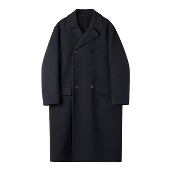 Japonų klasikinių paprasta juoda dvieiliai vilnoniai paltai, vyriški laisvas ilgas vilnonis paltas