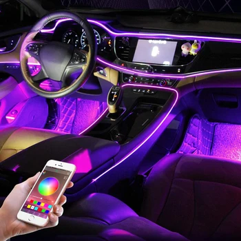 Automobilių Interjero, Aplinkos Šviesos Apšvietimas EL Neon Juosta 12V RGB Kelių Rūšių App Garso Valdymo Auto Dekoratyvinis Durų Atmosfera Lempos