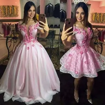 Verngo Hot Pink Quinceanera Suknelę Off Peties 2 in 1 Prom Dresses Nuimamas Traukinio 3D Gėlės Trumpas Šalis Suknelė 16 Saldus Mergaičių
