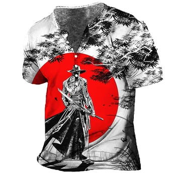 Japonų Samurajus Modelio Spausdinimo vyriški Medvilniniai marškinėliai Derliaus Harajuku Trumpas Rankovės Mados V-kaklo Mygtukus Tees Negabaritinių Viršūnes 5XL