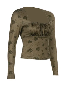 Moterų Ilgas Rankovėmis Pasėlių marškinėliai Atsitiktinis Spausdintos kelių sluoksnių Ruched Puloveris Viršūnes Streetwear Clubwear