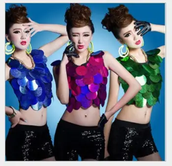 1 vnt apvalus lapai žvynų formos Naktinio Klubo Moterų Dainininkė Etape Seksualus Šiuolaikinio Šokio Sunkiųjų China Bamba Viršuje tee marškinėlius