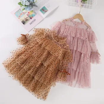 2022 Korėjos Stiliaus Pavasarį Vaikų Mergaičių Tinklinio Princesės Drabužius Ilgomis Rankovėmis Vaikų Mielas Polka Dot Star Tortas Suknelė, Mados, #9390