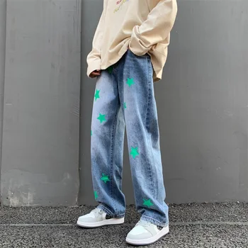 Pavasario New Star Spausdinti Jean Kelnės Japonija Stiliaus Vyrų Tiesiai Prarasti Džinsinio Audinio Kelnės Streetwear Baggy Hip-Hop Džinsai, Kelnės Juoda/Mėlyna
