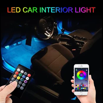 Aplinkos Lempos RGB Auto Dekoratyvinės Šviesos LED Juostelė Atmosfera Lempos Muzikos Balso kontrolės Nuotolinio Valdymo Programėlę Automobilio Salono Koja Šviesos