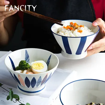 FANCITY Japoniško stiliaus ranka-dažytos keramikos dubenėlių buitinių maistas, didelės-kojis, indai, dubenys, smulkių makaronų, indai, ryžiai, dubenys