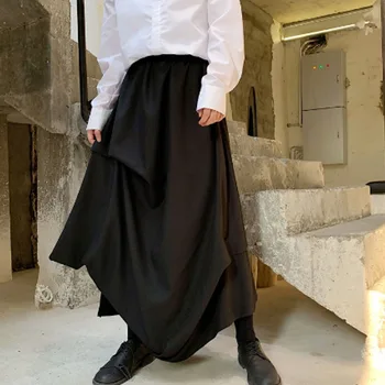 Homens estilo japonija nereguliarus plissado saias calças masculino hip-hop streetwear solto atsitiktinis punk gótico kimono calças roupas d