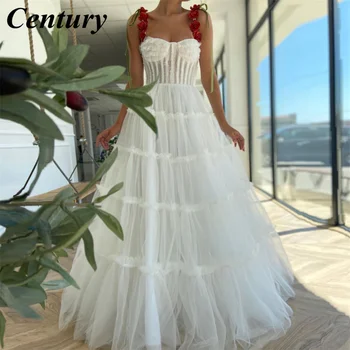 Balta Gana Elegantiška Prom Dresses Ilgai Tiulio-Line 3D Gėlės Appliques Grindų Ilgis Moterų Oficialią Vakaro Šalis, Chalatai Užsakymą