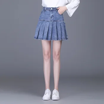 Aukštos Juosmens Džinsinio Mini Klostuotas Sijonas Moterims Vasaros Korėjos Elegantiškas Prašmatnus Slim Atsitiktinis Jean Sijonai Moterų Mados Trumpas Sijonas