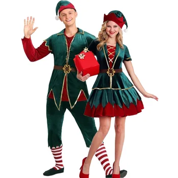 Kalėdų Žalia Elf Cosplay Kostiumų Moteris, Vyras Kalėdų Senelio Kostiumai Suaugusiems Rinkinys