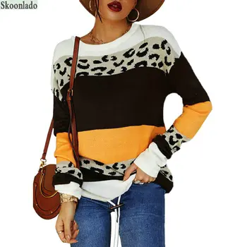 plus size Rudens žiemos leopardas spausdinimo spalva antiblokavimo megztinis gražus moterų oversea atsitiktinis ilgomis rankovėmis apvalios kaklo megztinis (puloveris)