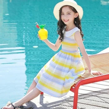 Nauja Vasaros Gilrs Suknelės Mielas Rankovių Ilgio Suknelės Mergaitėms Priežastinis Dryžuotas Paplūdimio Suknelė Vaikų Drabužių Paaugliams Suknelė 2021