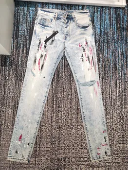 Diskontuotų vyrų naujas dažai splattered nelaimę liesas džinsus