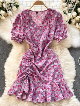 YuooMuoo Romantiška Moterų Raišteliu Susiėmę Spausdinti Gėlių Suknelė 2022 M. Vasarą Elegantiškas Trumpas Sluoksniuotos Rankovėmis Atsitiktinis Mini Suknelė