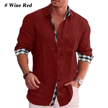 Vyrai Vyno Raudono Lino Medvilnės Marškinėliai Mados 2022 Naujas Pledas Kratinys Ilgomis Rankovėmis Marškinėliai Mados Atsitiktinis Paplūdimio Stiliaus Camisa Masculina