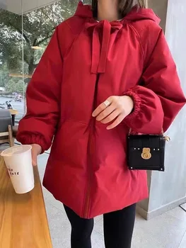 2021 Žiemos Moterims 90% Baltųjų Ančių Pūkų Paltai Saldus Nėrinių Juostelės laivapriekio Prarasti Vėjo Šiltas Storas Outwear Raudonos spalvos Pūkinė Striukė su Gobtuvu