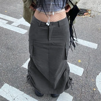 WeiYao Mėlyna Kieta Atsitiktinis Midi Cargo Sijonai Moterų Kišenės Susiuvimo Streetwear Pusėje Shirring Užrišti Jupe 
