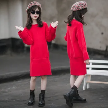 2020 M. Žiemos Naujų Vaikų Mezgimo Suknelės Paauglių Mergaičių Raudona Tiesiai Atsitiktinis Suknelė Elegantiškas Vaikai Princesė Šalies Drabužių, #1160