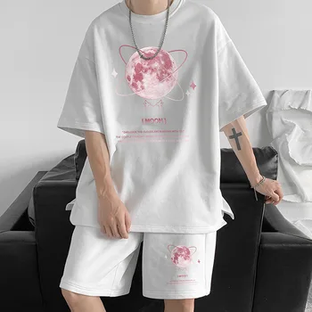 Guochao vasaros laisvi sporto dviejų dalių komplektas vyriški atspausdintas trumpas rankovėmis marškinėliai pora prarasti atsitiktinis šortai dviejų dalių komplektas