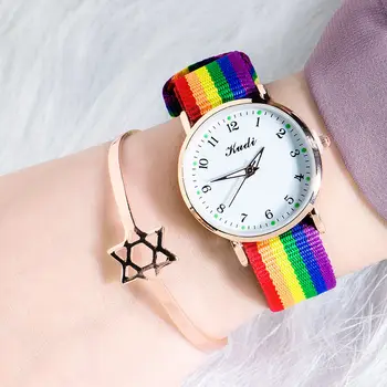 Reloj Mujer Mados Prabangių Moterų Kvarciniai Laikrodžiai Ponios Vaivorykštės Spalvų Šviesos Audinio Diržas Riešo Žiūrėti Moterims, Stilinga Suknelė