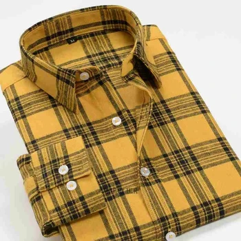 aukštos kokybės rudenį, žiemą, pavasarį vyrai pledas dryžuotas marškinėliai ilgomis rankovėmis geltona plius dydis kišenės atsitiktinis marškinėliai negabaritinių marškinėliai