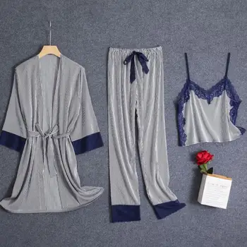 Satino 3PCS Skraiste Nustatyti Moterų Sleepwear Nėrinių Pižama Kostiumas 2021 M. Pavasarį Naujas Dirbtiniais Šilko Kimono Skraiste Suknelė Pižamos Atsitiktinis Namų Drabužiai