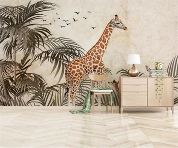Individualizuotos Fono paveikslėlį nuotrauka Ranka-dažytos Augalų Tropinių Miškų, žirafa, Freskos Gyvenimo Kambario, Miegamasis Freskos TV Foną 3D Tapetai
