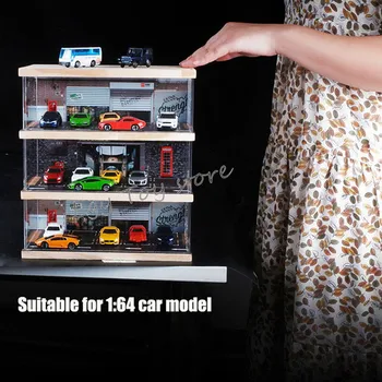 Mastelis 1 64 Diorama Garažas Modelio automobilių Stovėjimo Aikštelė, Modeliavimo HD Akrilo Medienos Ekranas Spintos Gali Būti Sukrauti Diecast Automobilių Karšto Ratų Žaislas