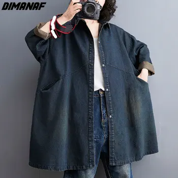 DIMANAF Rudens-Žiemos Striukę, Paltą Moteris Negabaritinių Korėja Džinsinio Stiliaus Blue Vintage Naujų Pagrindinių Prarasti 2021 Viršutiniai drabužiai Mados Kailis