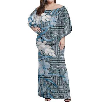 Šviesiai Mėlynos Spalvos, Seksualus Off-The-Pečių Dideli Priekiniai Ilgas Sijonas Polinezijos Genčių Hibiscus Spausdinimo Suknelė Elegantiškas Pavasario Moterų Drabužiai