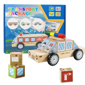 Animacinių filmų Automobilio Blokai Medinis Žaislas Montessori Įspūdį Kūdikių Policijos Automobilio Gaisro Variklio 3D Dėlionės Loginio Mąstymo Žaidimai