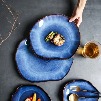 Keramikos Plokštės Cat Eye Plokštės Eep Mėlyna Nereguliarus Butas Patiekalas Indai Serija Vakarų Maisto Plokštė Europos Virtuvės Indai