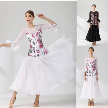 Naujas Cheapstandard šokių suknelė valsas suknelė moteris konkurencija tango suknelė pratice dėvėti juodos spalvos baltos spalvos gėlių spausdinti 2106